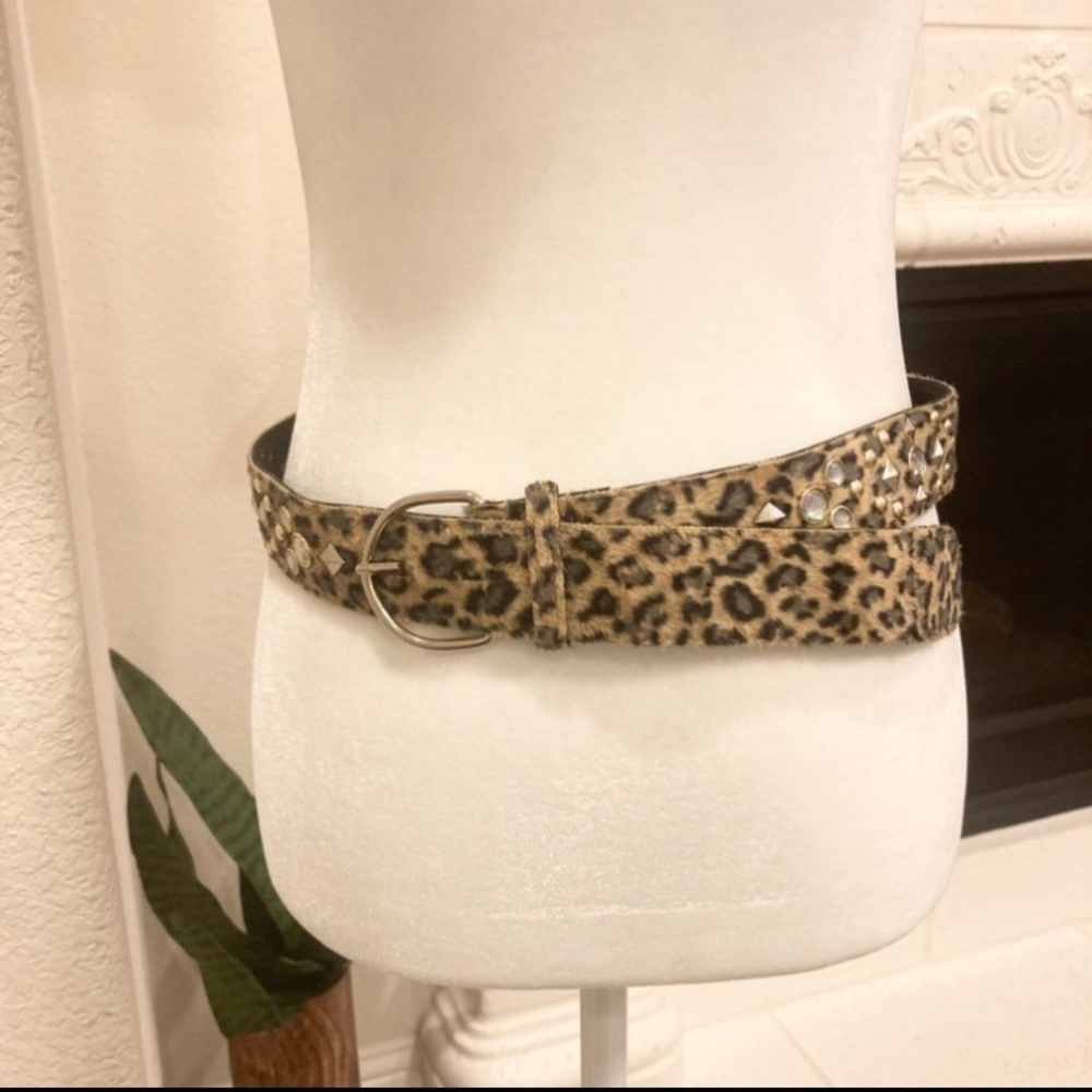 Leopard Print Faux Fur Belt with Rhinestone